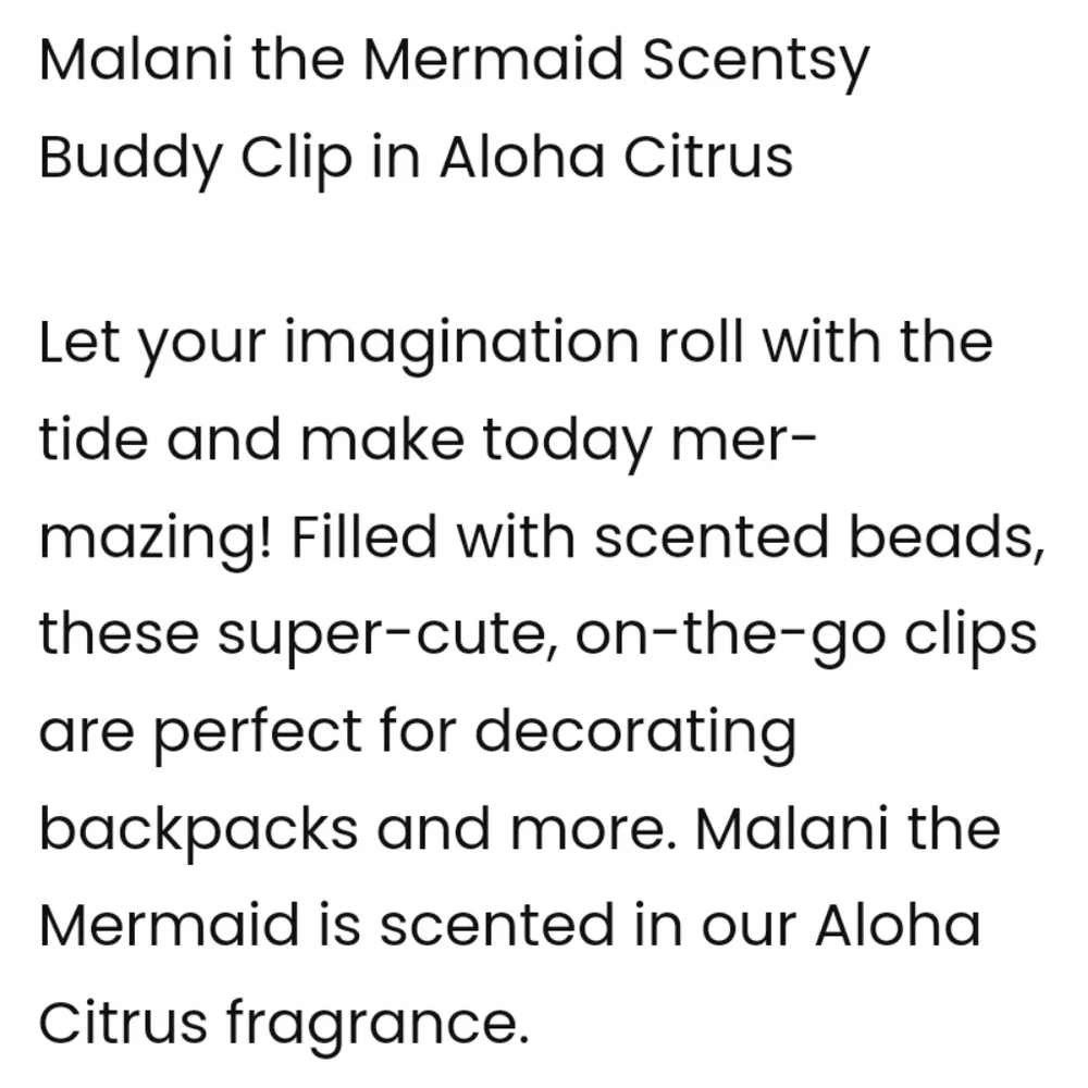 Scentsy Malani The Mermaid Buddy Clip Aloha Citrus Tangerine Jade Blossom